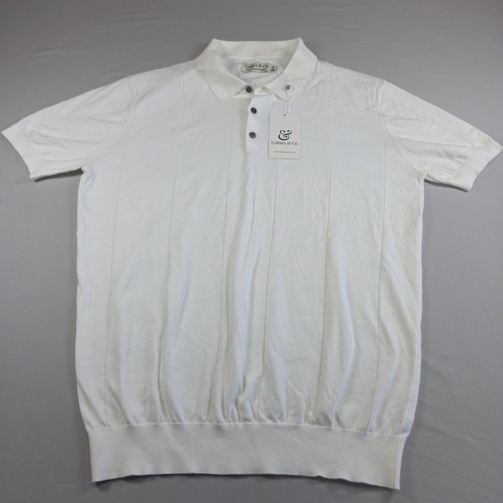 Collars And Co Silk Blend Luxury Knit Polo Shirt Mens XL Ribbed Sweater White
